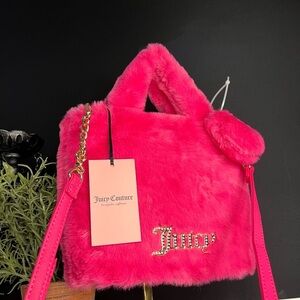 Juicy Couture Free Love Faux Fur Mini Tote NWT | Pink Rhinestone Logo Crossbody
